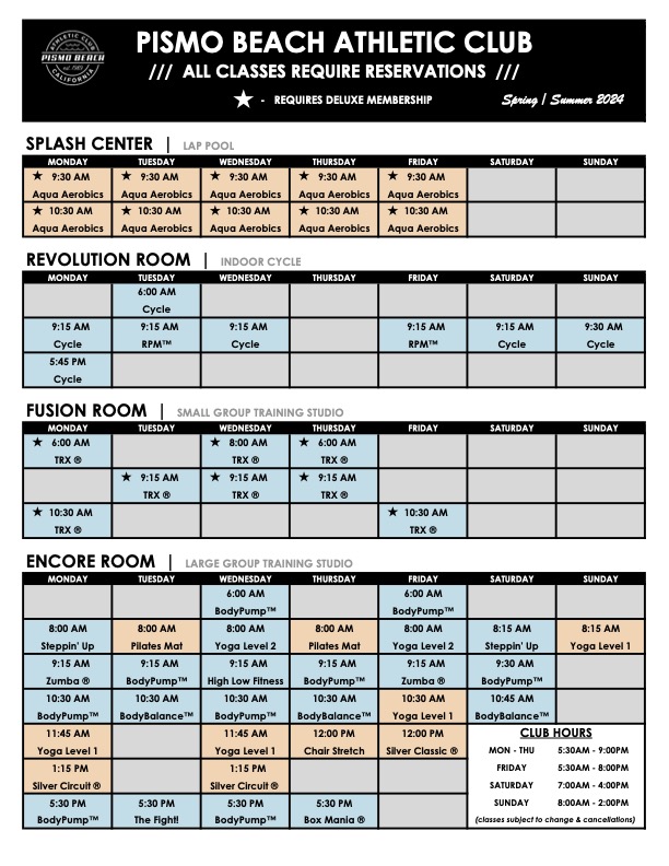 Pismo Beach Athletic Club Schedule