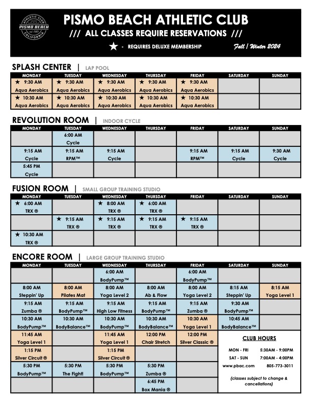 Pismo Beach Athletic Club Schedule